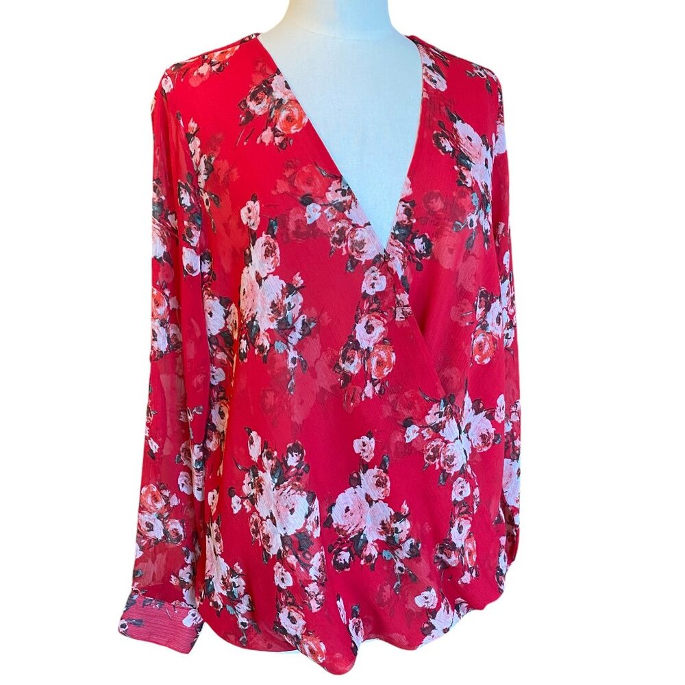 Kut From The Kloth Sheer Crinkle Faux Wrap Top Red Floral Boho Roll Tab Sleeve-X